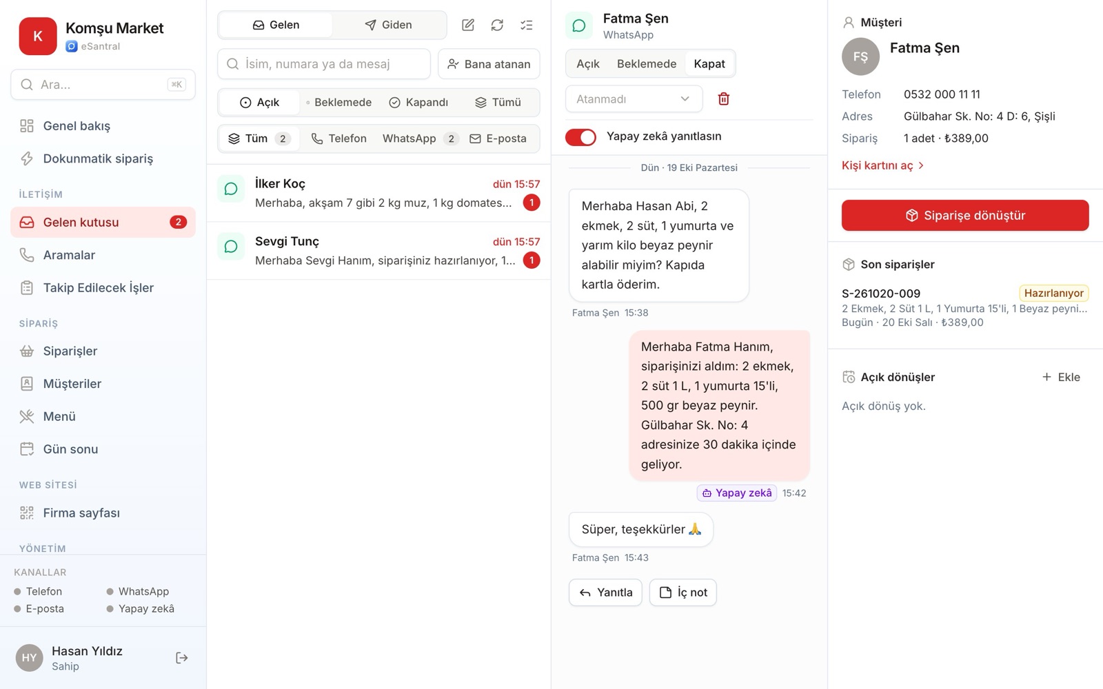 WhatsApp siparişi gelen kutusunda, siparişe dönüşmüş: eSantral ekran görüntüsü