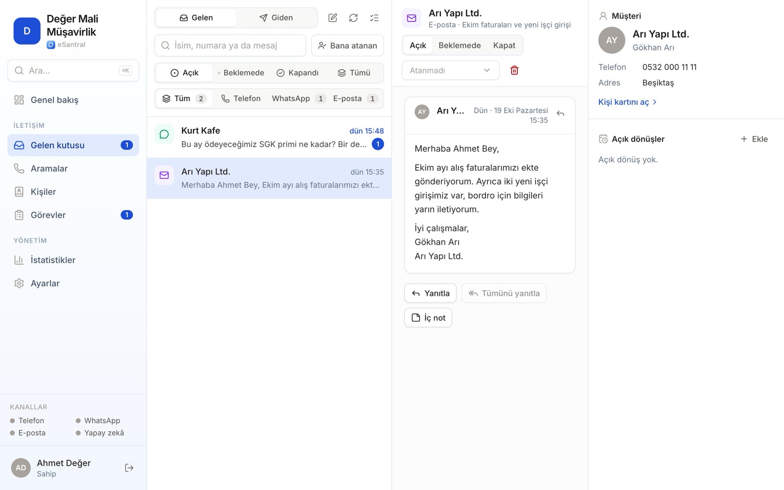 Müşteri e-postaları ve WhatsApp mesajları tek gelen kutusunda: eSantral ekran görüntüsü