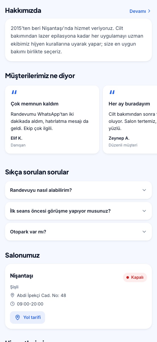 Örnek bir güzellik merkezinin tanıtım sayfası: hakkımızda, müşteri yorumları, sık sorulanlar ve salon bilgisi